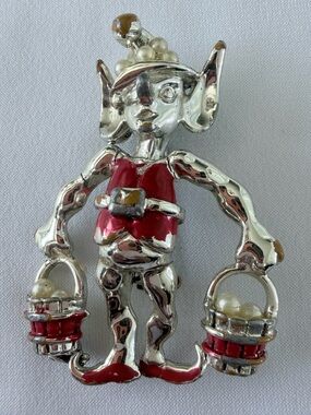 Vintage Silver-Tone Elf Brooch with Red Enamel & Faux Pearls